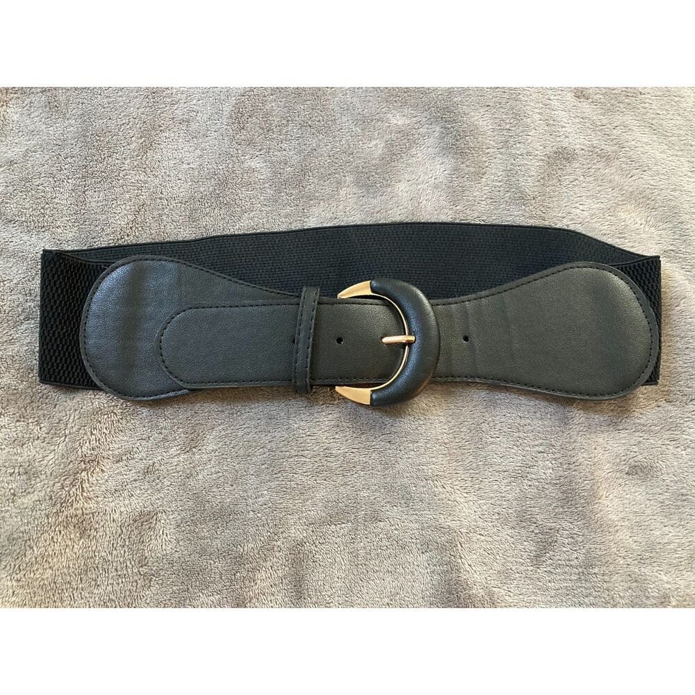 Vintage Weekends Black Wide Elastic Stretch Waist Belt Gold Buckle XS S